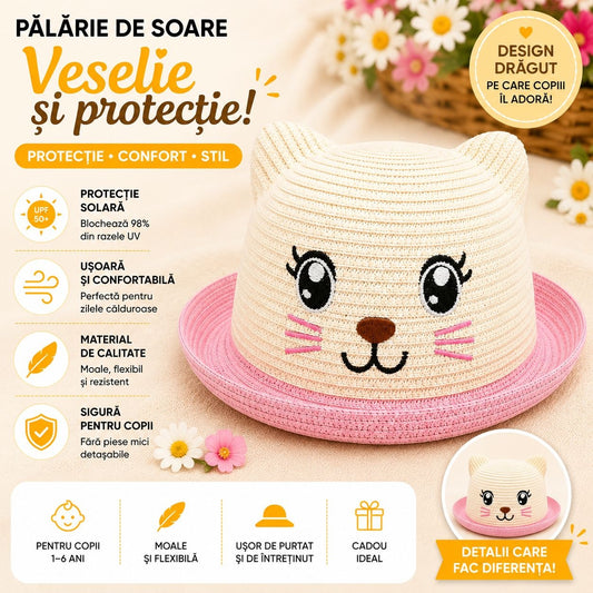 Palarie de soare copii cu pisicuta roz, crosetata manual, crem-roz