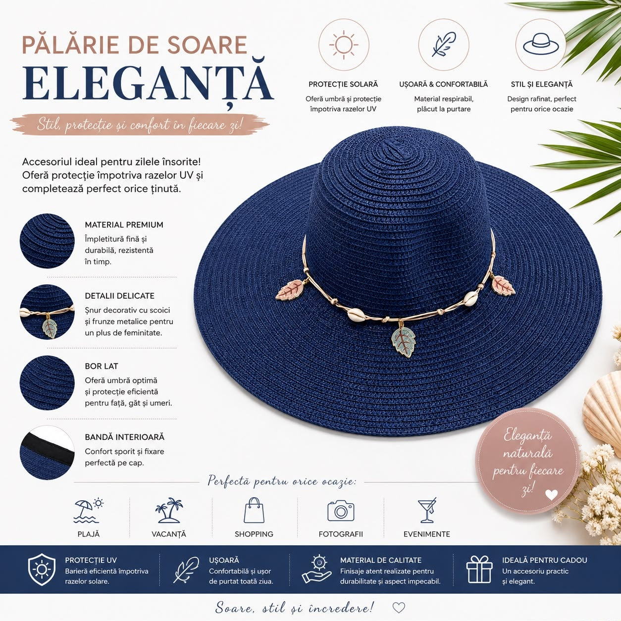 Pălărie de Soare Damă Albastru Bleumarin cu Bor Lat și Șnur Decorativ cu Scoici și Frunze