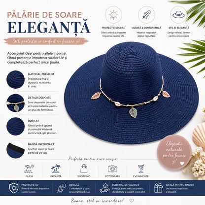 Pălărie de Soare Damă Albastru Bleumarin cu Bor Lat și Șnur Decorativ cu Scoici și Frunze