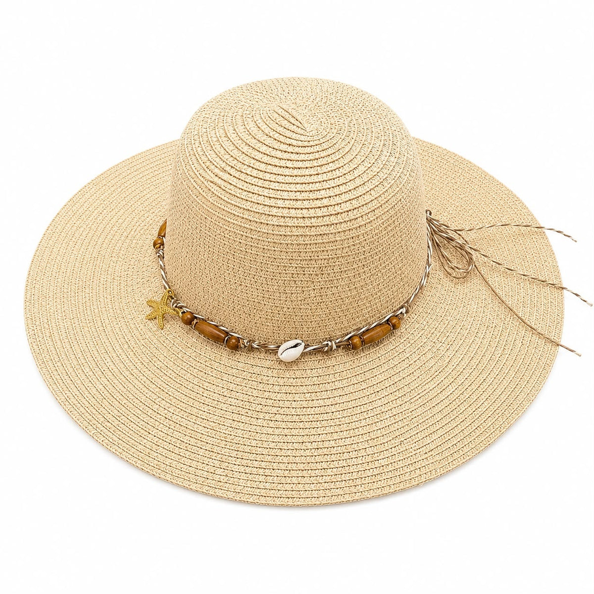 Pălărie de Soare Damă Bej cu Bor Lat și Accesorii Boho