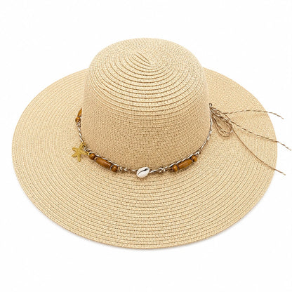 Pălărie de Soare Damă Bej cu Bor Lat și Accesorii Boho
