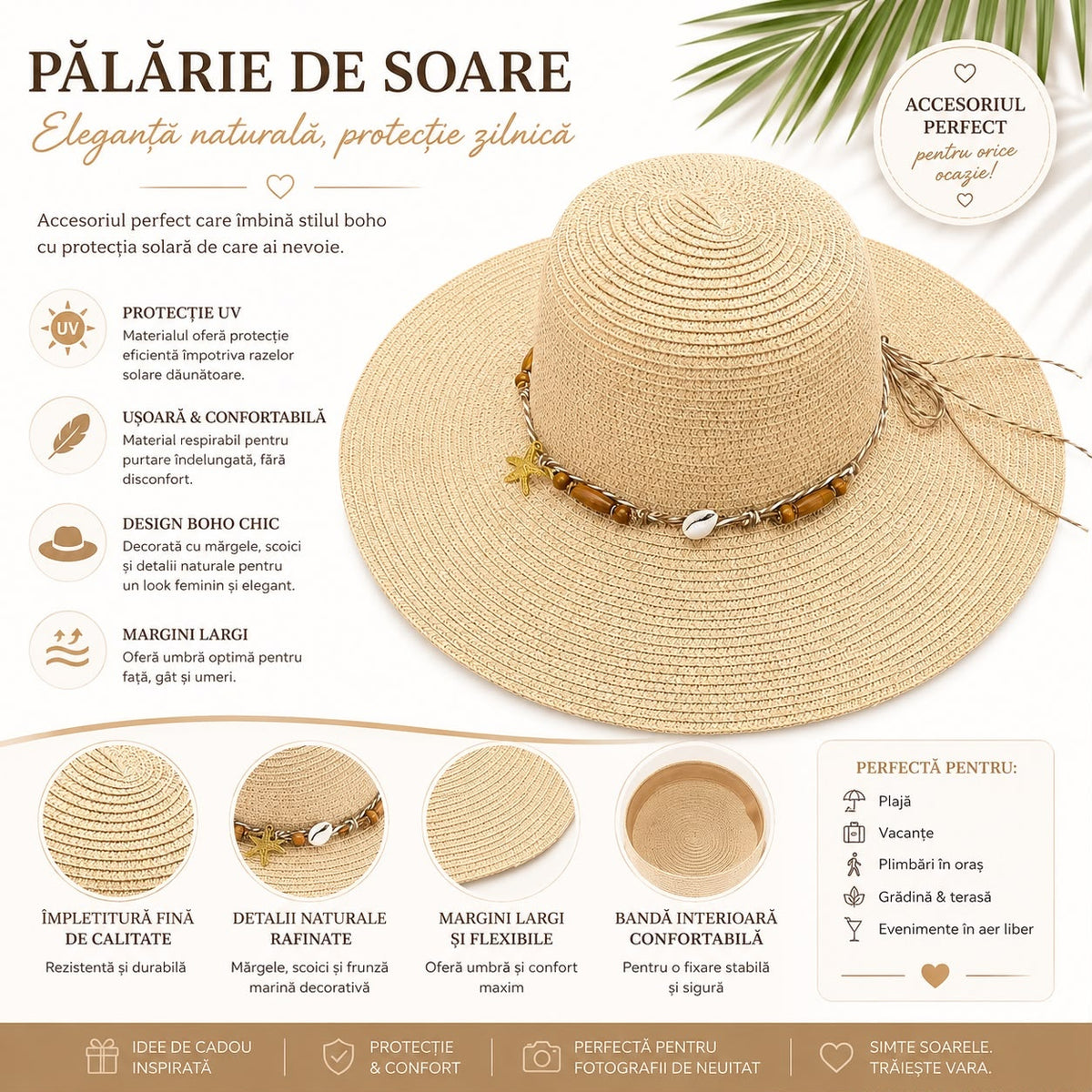 Pălărie de Soare Damă Bej cu Bor Lat și Accesorii Boho