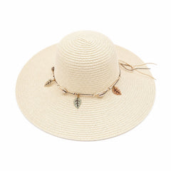 Pălărie de Soare Damă Crem cu Bor Lat și Accesorii Decorative – Elegantă