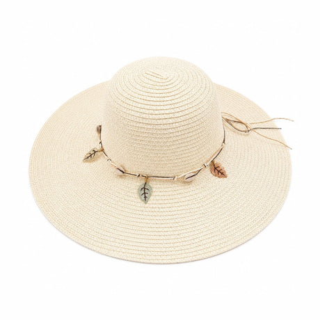 Pălărie de Soare Damă Crem cu Bor Lat și Accesorii Decorative – Elegantă