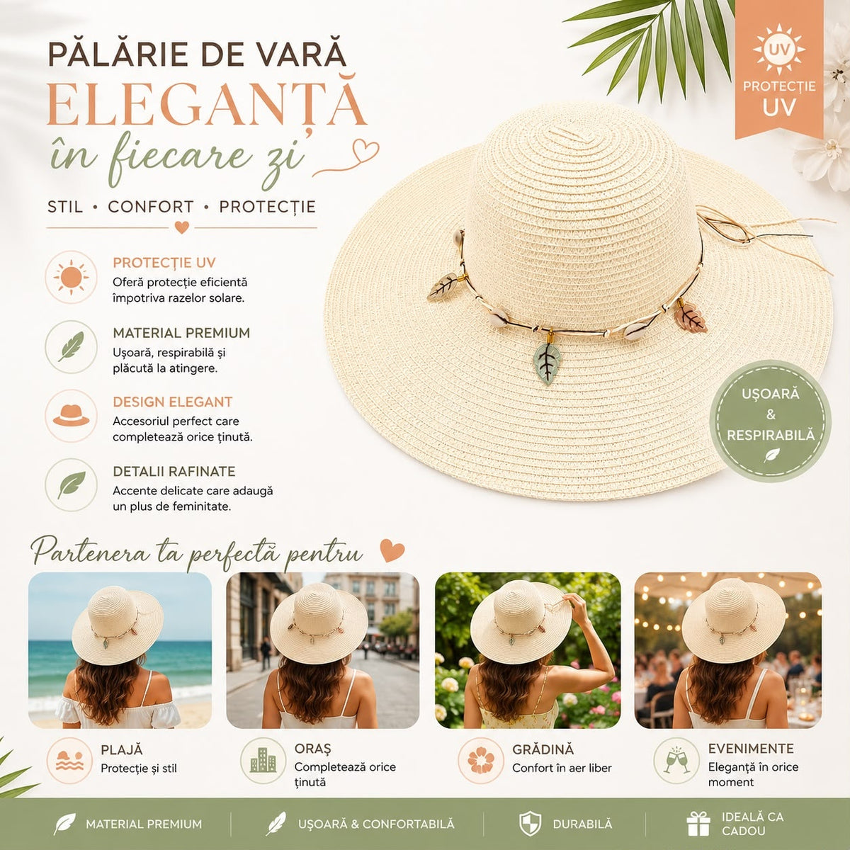 Pălărie de Soare Damă Crem cu Bor Lat și Accesorii Decorative – Elegantă