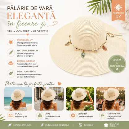 Pălărie de Soare Damă Crem cu Bor Lat și Accesorii Decorative – Elegantă