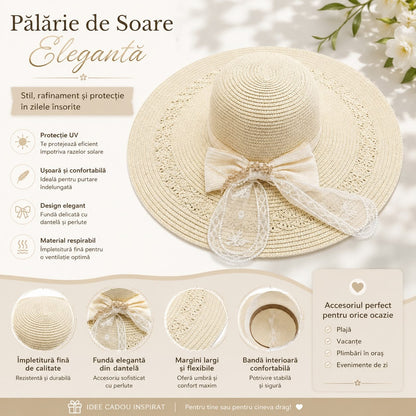 Pălărie de Soare Damă Crem cu Fundă din Dantelă și Bor Lat – Elegantă