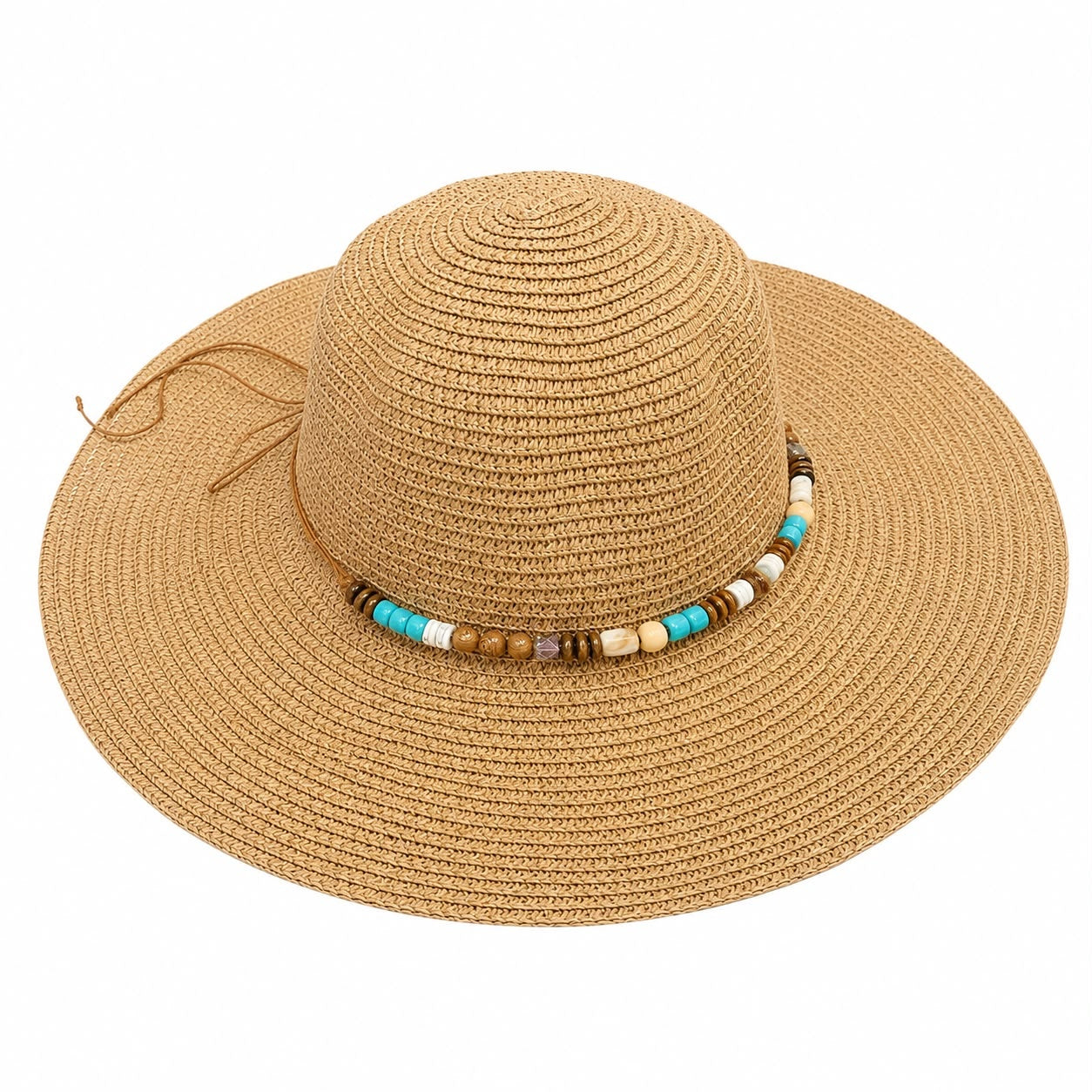 Pălărie de Soare Damă Maro Camel cu Bor Lat și Mărgele Decorative – Stil Boho