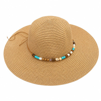 Pălărie de Soare Damă Maro Camel cu Bor Lat și Mărgele Decorative – Stil Boho