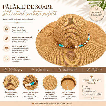 Pălărie de Soare Damă Maro Camel cu Bor Lat și Mărgele Decorative – Stil Boho