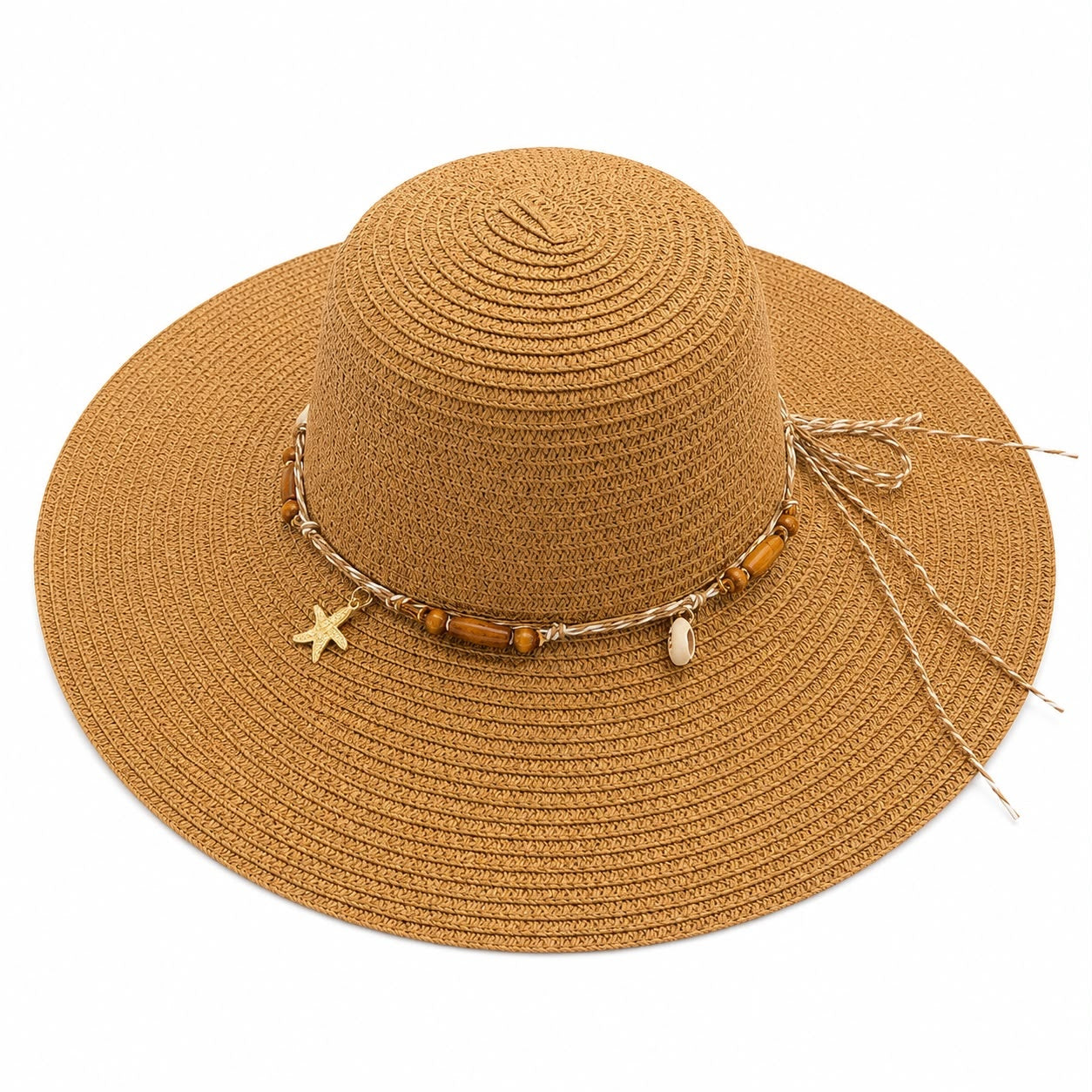 Pălărie de Soare Damă Maro Camel cu Bor Lat și Șnur Decorativ cu Mărgele și Scoici
