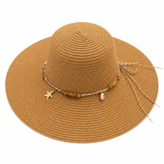 Pălărie de Soare Damă Maro Camel cu Bor Lat și Șnur Decorativ cu Mărgele și Scoici