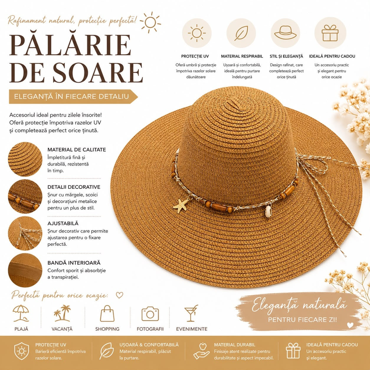 Pălărie de Soare Damă Maro Camel cu Bor Lat și Șnur Decorativ cu Mărgele și Scoici