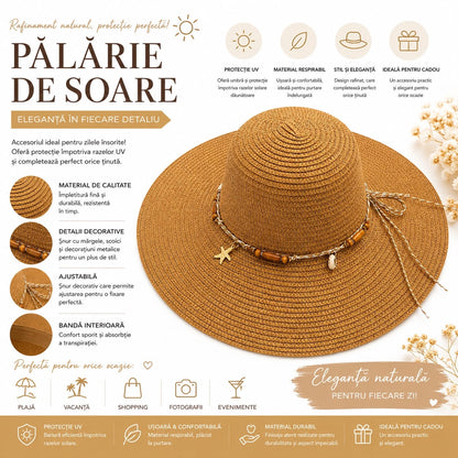 Pălărie de Soare Damă Maro Camel cu Bor Lat și Șnur Decorativ cu Mărgele și Scoici