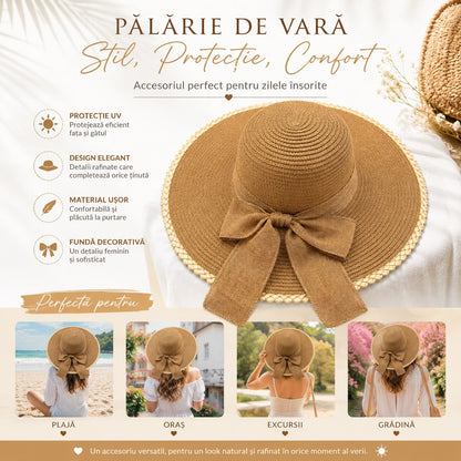 Pălărie de Soare Damă Maro Camel cu Fundă Decorativă și Bor Lat