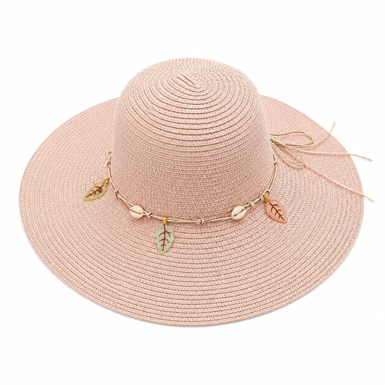 Pălărie de Soare Damă Roz Pudrat cu Bor Lat și Accesorii Boho