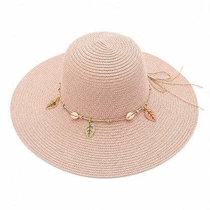 Pălărie de Soare Damă Roz Pudrat cu Bor Lat și Accesorii Boho