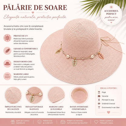Pălărie de Soare Damă Roz Pudrat cu Bor Lat și Accesorii Boho