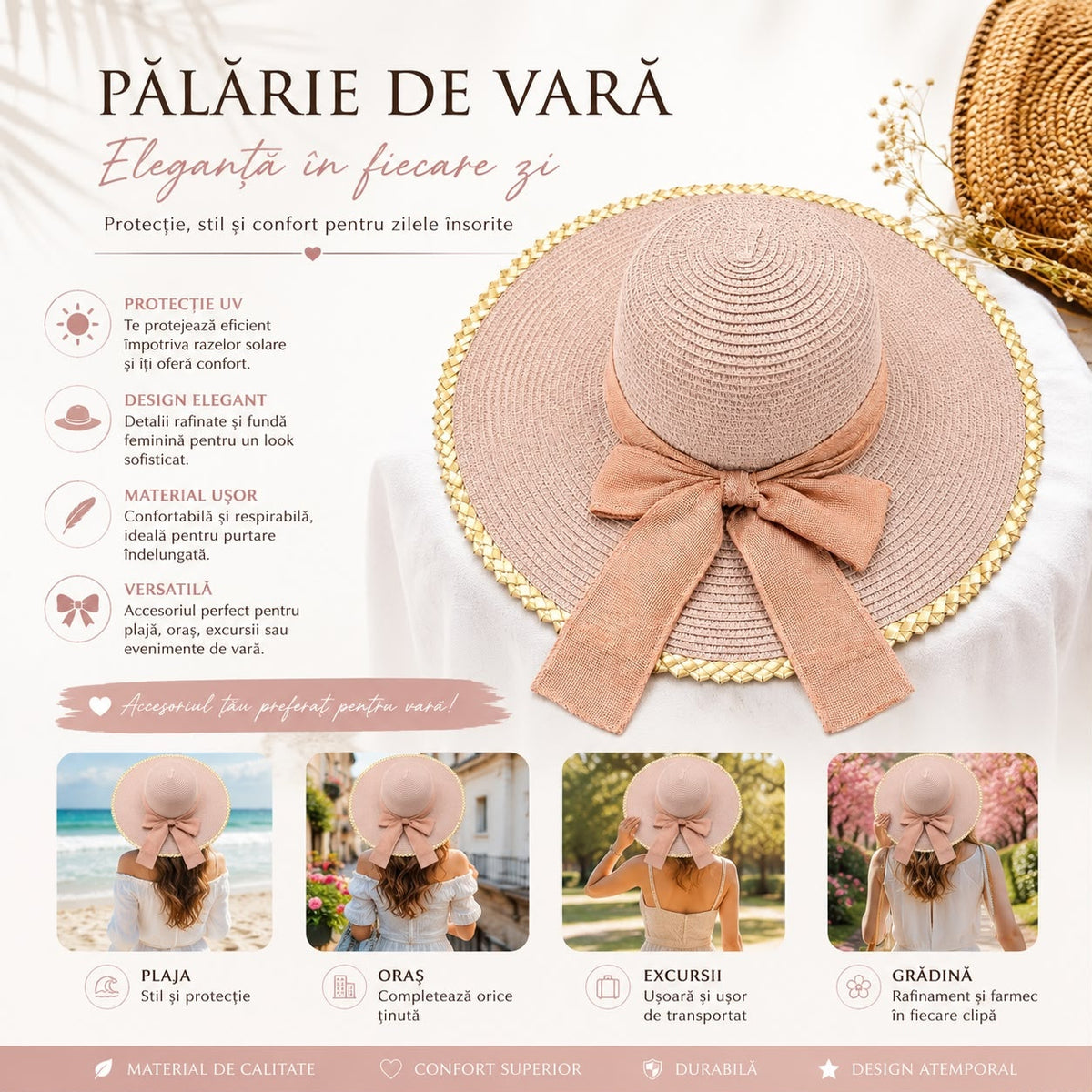 Pălărie de Soare Damă Roz Pudrat cu Fundă Elegantă și Bor Lat