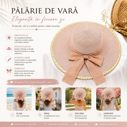 Pălărie de Soare Damă Roz Pudrat cu Fundă Elegantă și Bor Lat
