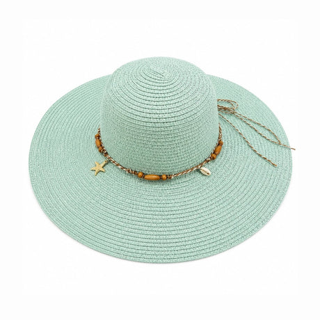 Pălărie de Soare Damă Verde Mentă cu Bor Lat și Accesorii Decorative – Elegantă