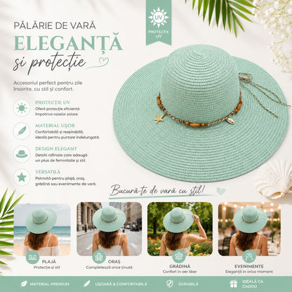Pălărie de Soare Damă Verde Mentă cu Bor Lat și Accesorii Decorative – Elegantă