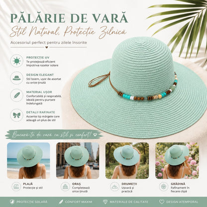 Pălărie de Soare Damă Verde Mentă cu Bor Lat și Mărgele Decorative