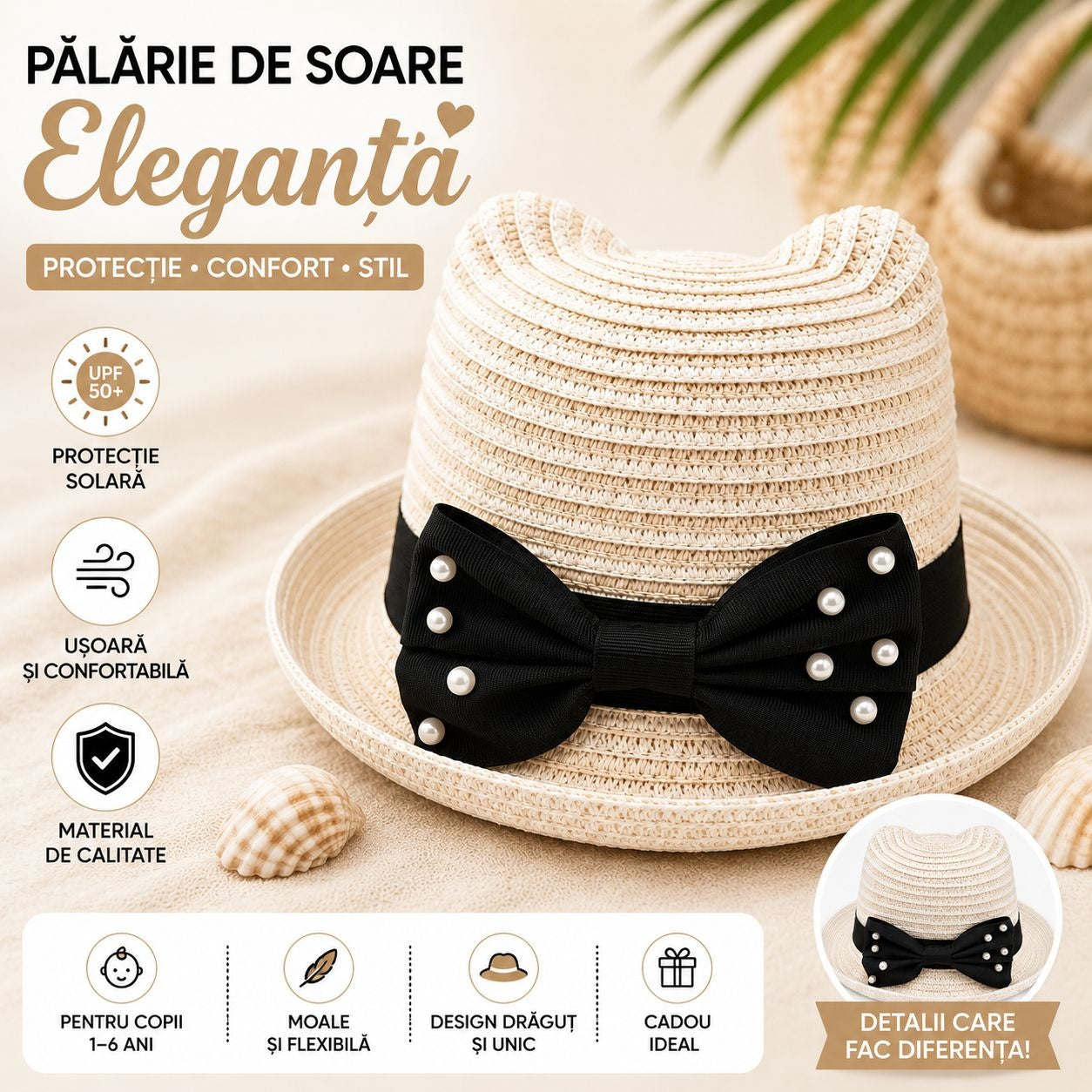 Palarie de soare eleganta pentru fetite, crem cu funda neagra si perlute