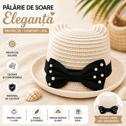 Palarie de soare eleganta pentru fetite, crem cu funda neagra si perlute