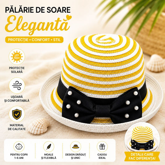 Palarie de soare eleganta pentru fetite, model dungat galben-alb cu funda neagra