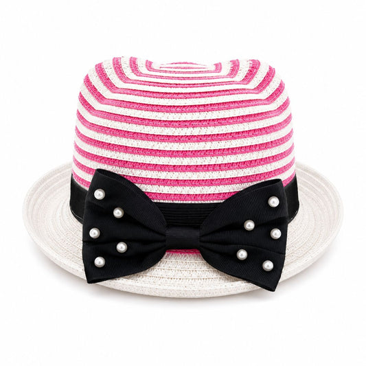 Palarie de soare eleganta pentru fetite, model roz-alb cu funda neagra si perlute