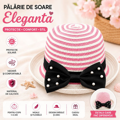 Palarie de soare eleganta pentru fetite, model roz-alb cu funda si perlute
