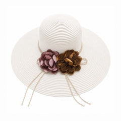 Palarie de Soare pentru Dama Alba cu Boruri Largi si Flori Decorative