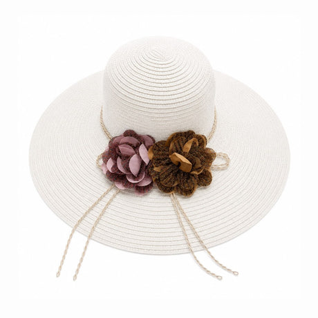 Palarie de Soare pentru Dama Alba cu Boruri Largi si Flori Decorative