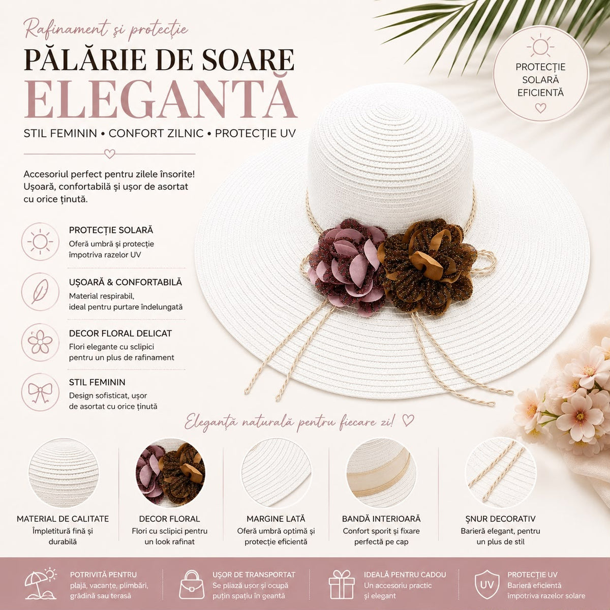 Palarie de Soare pentru Dama Alba cu Boruri Largi si Flori Decorative