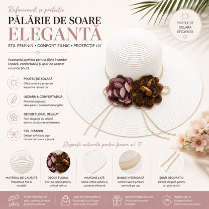 Palarie de Soare pentru Dama Alba cu Boruri Largi si Flori Decorative