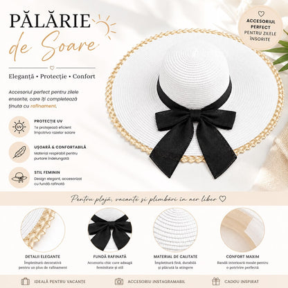 Palarie de Soare pentru Dama Alba cu Boruri Largi si Funda Neagra