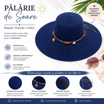 Palarie de Soare pentru Dama Albastru Inchis cu Boruri Largi si Accente Decorative