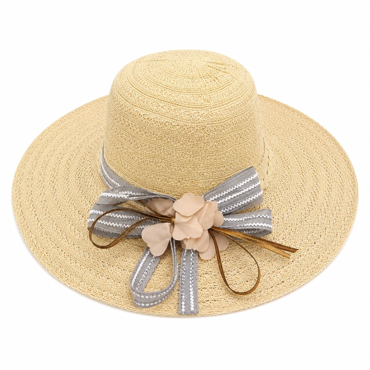 Palarie de Soare pentru Dama Bej cu Boruri Largi, Funda si Flori Decorative