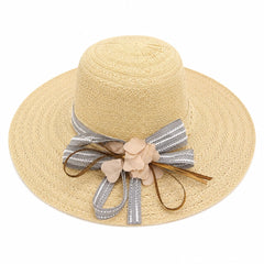 Palarie de Soare pentru Dama Bej cu Boruri Largi, Funda si Flori Decorative