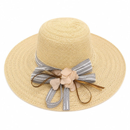 Palarie de Soare pentru Dama Bej cu Boruri Largi, Funda si Flori Decorative
