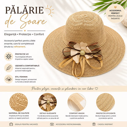Palarie de Soare pentru Dama Bej cu Boruri Largi si Floare Decorativa