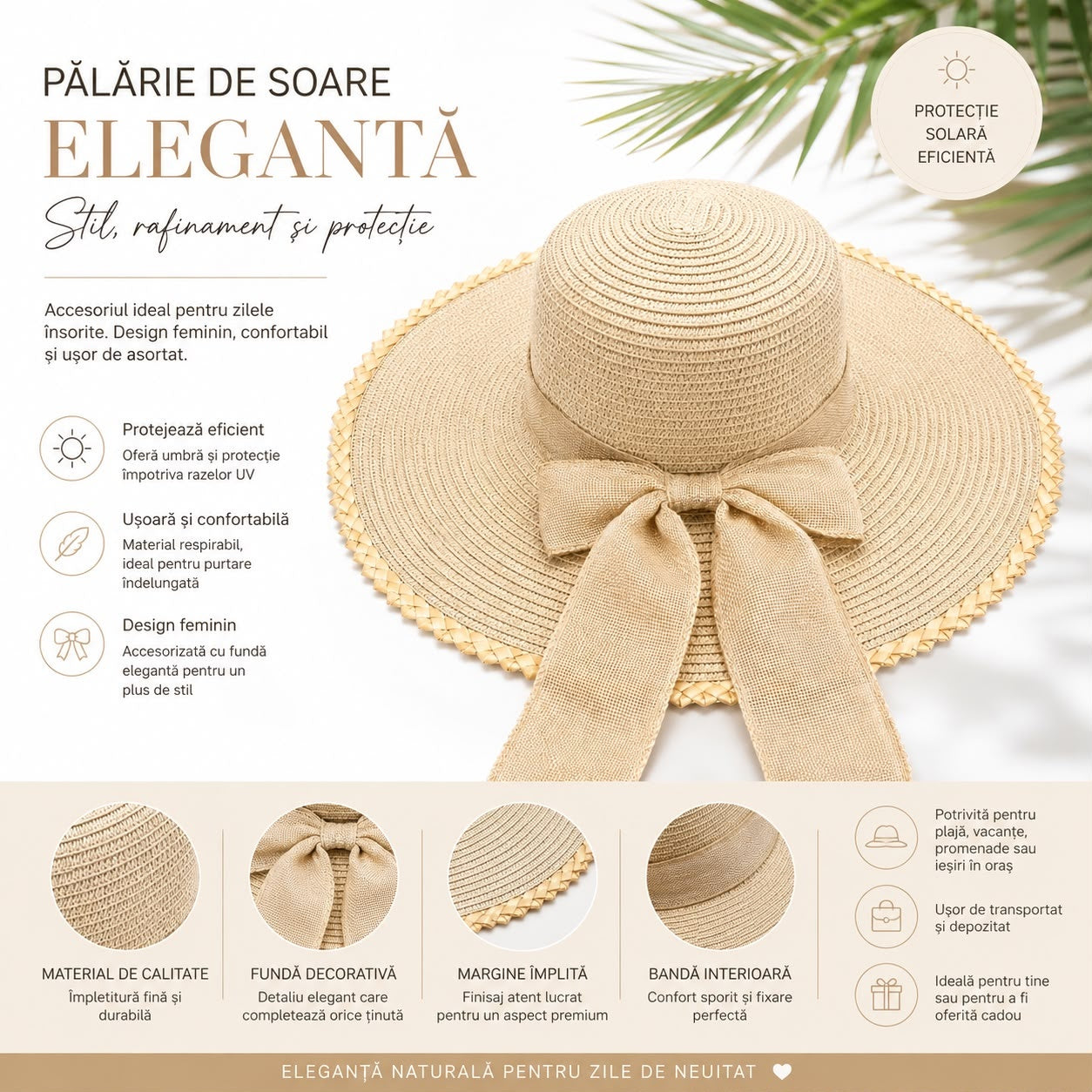Palarie de Soare pentru Dama Bej cu Boruri Largi si Funda Eleganta
