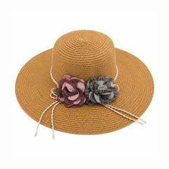 Palarie de Soare pentru Dama Maro Caramel cu Boruri Largi si Flori Decorative