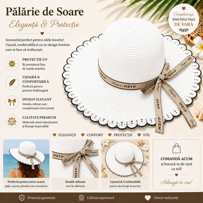 Palarie de Soare pentru Femei, Alba cu Fundita Bej, Boruri Ondulate, Design Elegant de Vara