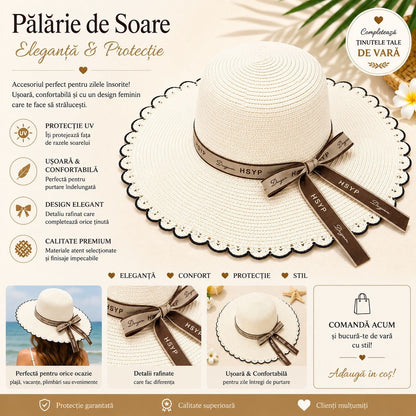 Palarie de Soare pentru Femei Alba cu Fundita Maro Eleganta – Model Chic de Vara