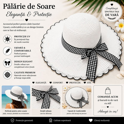 Palarie de Soare pentru Femei Alba cu Fundita Neagra Eleganta – Model Chic de Vara
