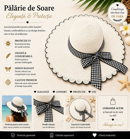 Palarie de Soare pentru Femei Alba cu Fundita Neagra Eleganta – Model Chic de Vara