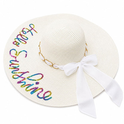 Palarie de Soare pentru Femei, Alba cu Fundita si Inscriptie “Hello Sunshine”, Eleganta pentru Vara