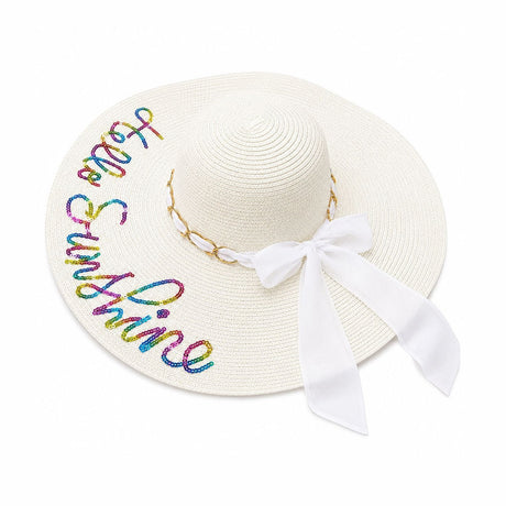 Palarie de Soare pentru Femei, Alba cu Fundita si Inscriptie “Hello Sunshine”, Eleganta pentru Vara